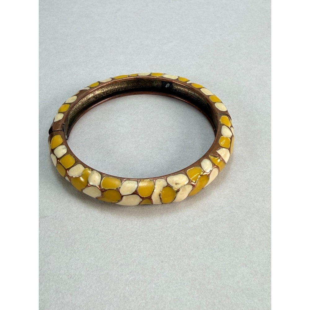 Vintage Yellow White Mosaic Enamel Copper Hinged Bangle Bracelet Statement